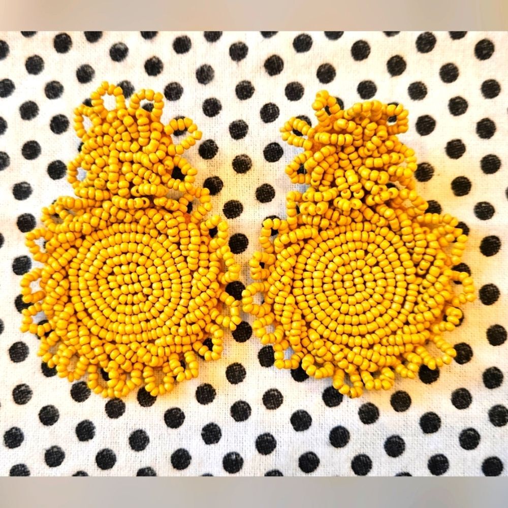 Vibrant Yellow Flower Beaded Earrings with Intricate Design
